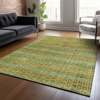 9' X 12' Green Copper And Teal Blue Striped Washable Indoor Outdoor Area Rug