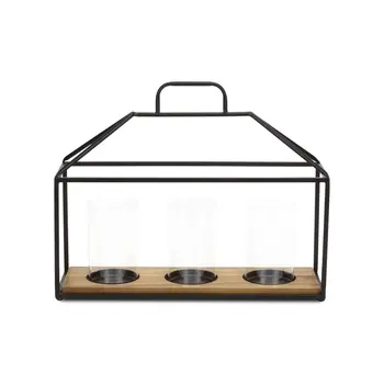 15" Black Metal Glass And Wood Geometric Three Light Hurricane Candle Holder