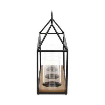 15" Black Metal Glass And Wood Geometric Three Light Hurricane Candle Holder