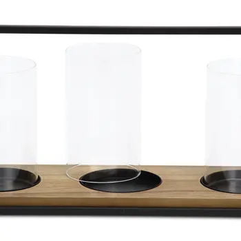 15" Black Metal Glass And Wood Geometric Three Light Hurricane Candle Holder