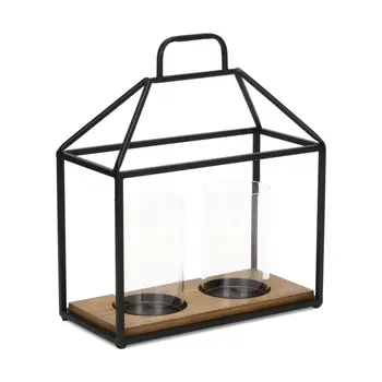 15" Black Metal Glass And Wood Geometric Two Light Hurricane Candle Holder