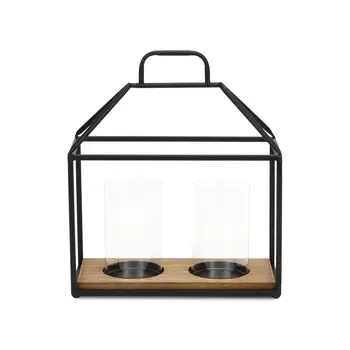 15" Black Metal Glass And Wood Geometric Two Light Hurricane Candle Holder