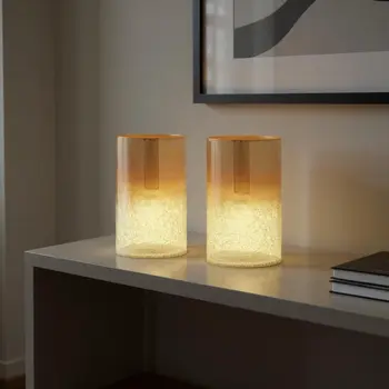 Set of Two Gold Glass Tabletop Pillar Candle Holders