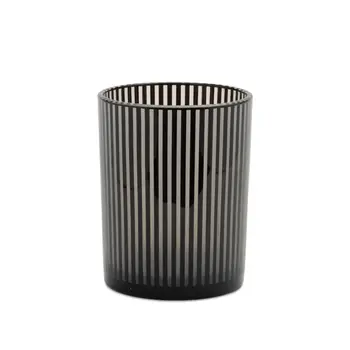 Set of Two Black Striped Glass Tabletop Pillar Candle Holders
