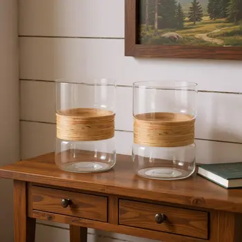 Set of Two Clear And Beige Abstract Glass Tabletop Pillar Candle Holders