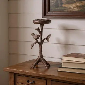 10" Brown Distressed Abstract Metal Tabletop Pillar Candle Holder