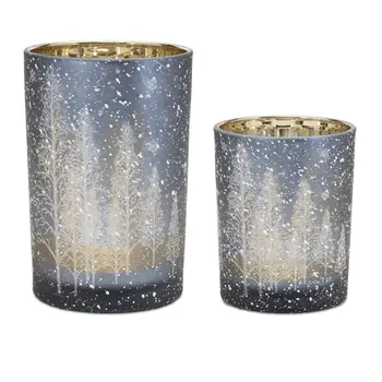 Set of Two Red Snowflake Glass Tabletop Votive Candle Holders