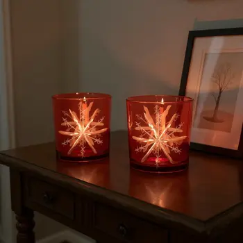 Set of Three Red Abstract Glass Tabletop Votive Candle Holders