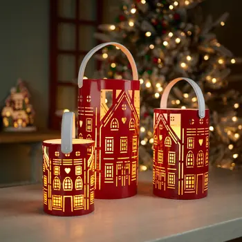 Set of Three Red And White Abstract Iron Tabletop Pillar Candle Holders