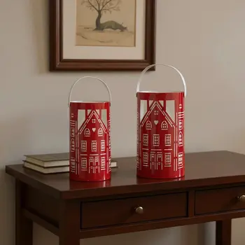 Set of Three Red And White Abstract Iron Tabletop Pillar Candle Holders