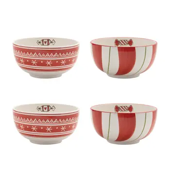 Set of Four 6" Red And White Ceramic Christmas Round Candy or Nut Bowls