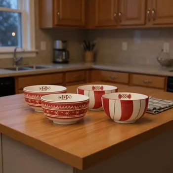Set of Four 6" Red And White Ceramic Christmas Round Candy or Nut Bowls