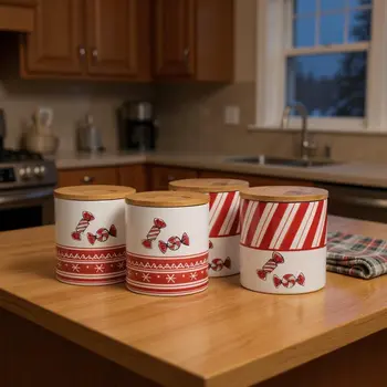Set of Four Red And White Striped Ceramic And Wood Christmas Lidded Canisters