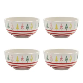 Set of Four 6" White Green And Red Ceramic Christmas Trees Round Candy or Nut Bowls