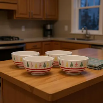 Set of Four 6" White Green And Red Ceramic Christmas Trees Round Candy or Nut Bowls