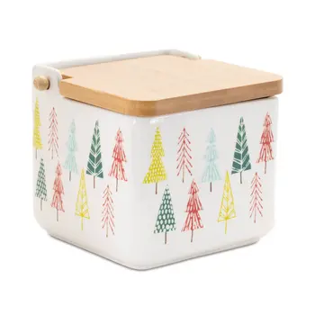 Set of Two White Green And Red Ceramic And Wood Christmas Lidded Canisters