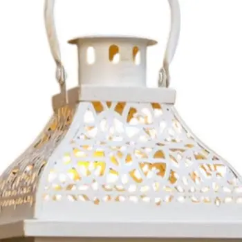 Set of Two Cream Distressed Filigree Metal Tabletop Lantern Candle Holders