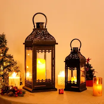 Set of Two Black Distressed Filigree Metal Tabletop Lantern Candle Holders