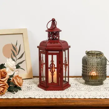 10" Red Distressed Filigree Metal Tabletop Lantern Candle Holder