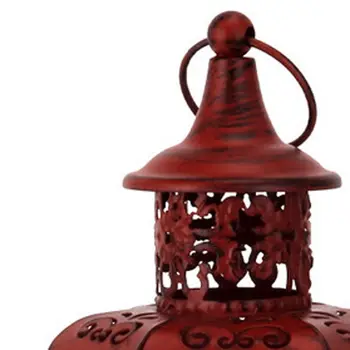 10" Red Distressed Filigree Metal Tabletop Lantern Candle Holder