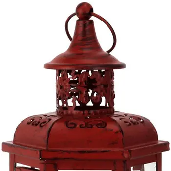 10" Red Distressed Filigree Metal Tabletop Lantern Candle Holder