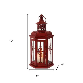 10" Red Distressed Filigree Metal Tabletop Lantern Candle Holder