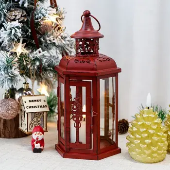 10" Red Distressed Filigree Metal Tabletop Lantern Candle Holder