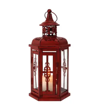 10" Red Distressed Filigree Metal Tabletop Lantern Candle Holder