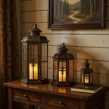 Set of Three Black And Gold Distressed Filigree Metal Tabletop Lantern Candle Holders