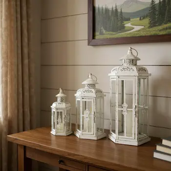Set of Three White Distressed Filigree Metal Tabletop Lantern Candle Holders