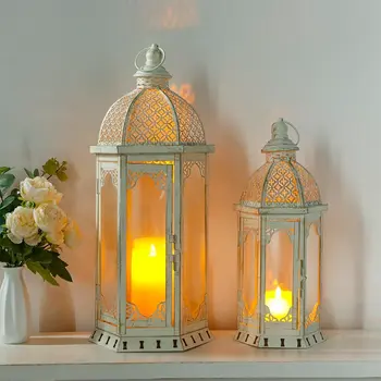 Set of Two White Distressed Ornate Metal Tabletop Lantern Candle Holders