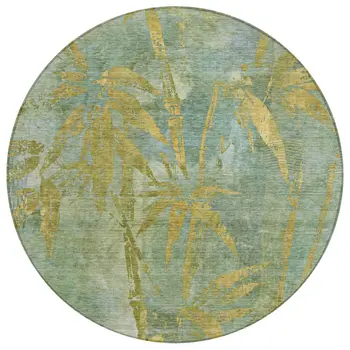 8' Artichoke Green And Gold Round Botanical Leaves Washable Indoor Outdoor Area Rug