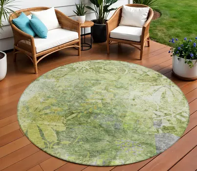 8' Artichoke Green And Ivory Round Floral Washable Indoor Outdoor Area Rug