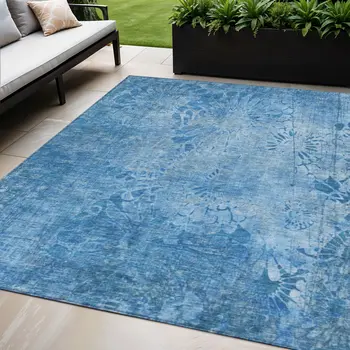 5' X 8' Denim Blue And Sky Blue Floral Washable Indoor Outdoor Area Rug