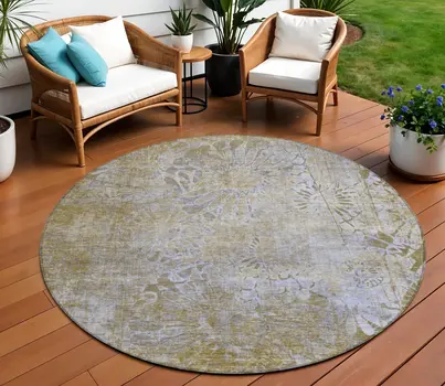 8' Wheat And Beige Round Floral Washable Indoor Outdoor Area Rug