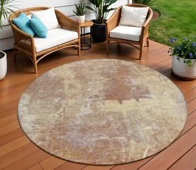 8' Terra Cotta And Beige Round Abstract Washable Indoor Outdoor Area Rug