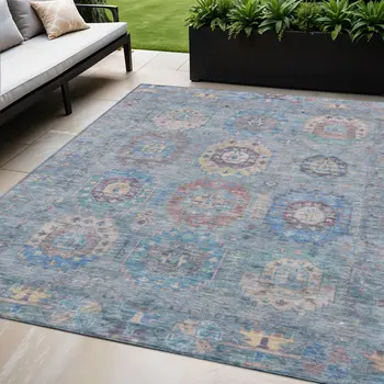 5' X 8' Blue Wheat And Copper Medallion Washable Indoor Outdoor Area Rug