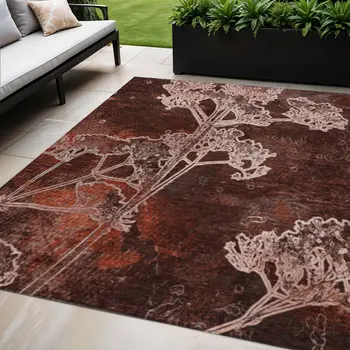 5' X 8' Merlot And Beige Floral Washable Indoor Outdoor Area Rug