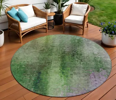 8' Green And Purple Round Abstract Washable Indoor Outdoor Area Rug