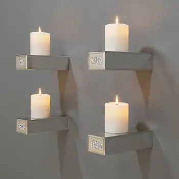 Set Of Four Silver Mirrored Glass And Faux Crystal Wall Mounted Floating Shelves