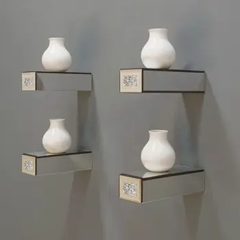 Set Of Four Silver Mirrored Glass And Faux Crystal Wall Mounted Floating Shelves