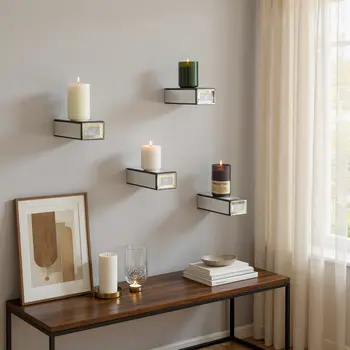 Set Of Four Silver Mirrored Glass And Faux Crystal Wall Mounted Floating Shelves