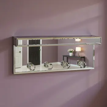 14" Silver Mirrored Glass Wall Mounted Accent Shelf With Hooks