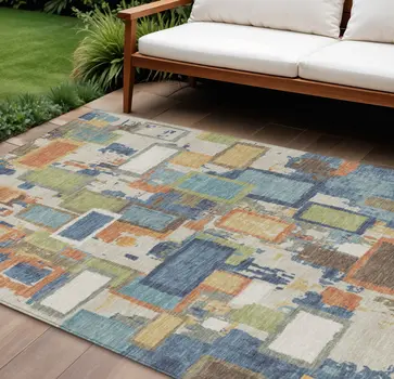 10' X 14' Denim Blue Copper And Green Geometric Washable Indoor Outdoor Area Rug
