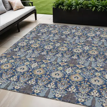 5' X 8' Navy Blue And Ivory Floral Washable Indoor Outdoor Area Rug