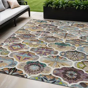 5' X 8' Beige Teal Blue And Copper Quatrefoil Washable Indoor Outdoor Area Rug