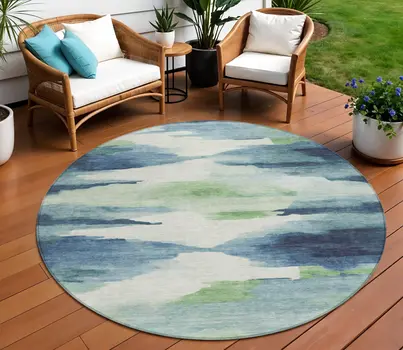 8' Blue Ivory And Green Round Abstract Washable Indoor Outdoor Area Rug