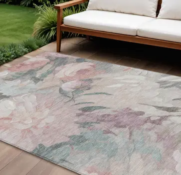 8' X 10' Beige Pink And Ivory Floral Washable Indoor Outdoor Area Rug