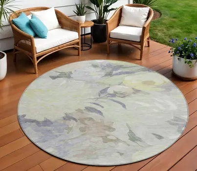 8' Mint Green Ivory And Beige Round Floral Washable Indoor Outdoor Area Rug