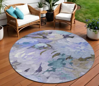 8' Purple And Blue Round Floral Washable Indoor Outdoor Area Rug